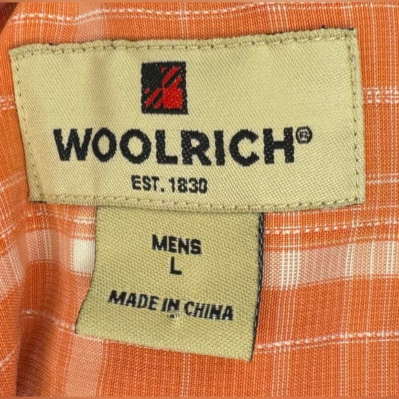 Woolrich men’s Button Up Shirt Size Large Orange Check Short Sleeve Collared - Picture 4 of 6